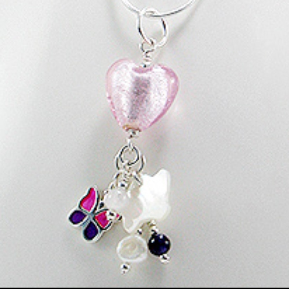 Pink Heart‎ Enamel & Shell Butterfly Charm Necklace